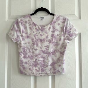 Express Body Contour Double Layer Cropped Tee Size S White and Purple Tie Dye
